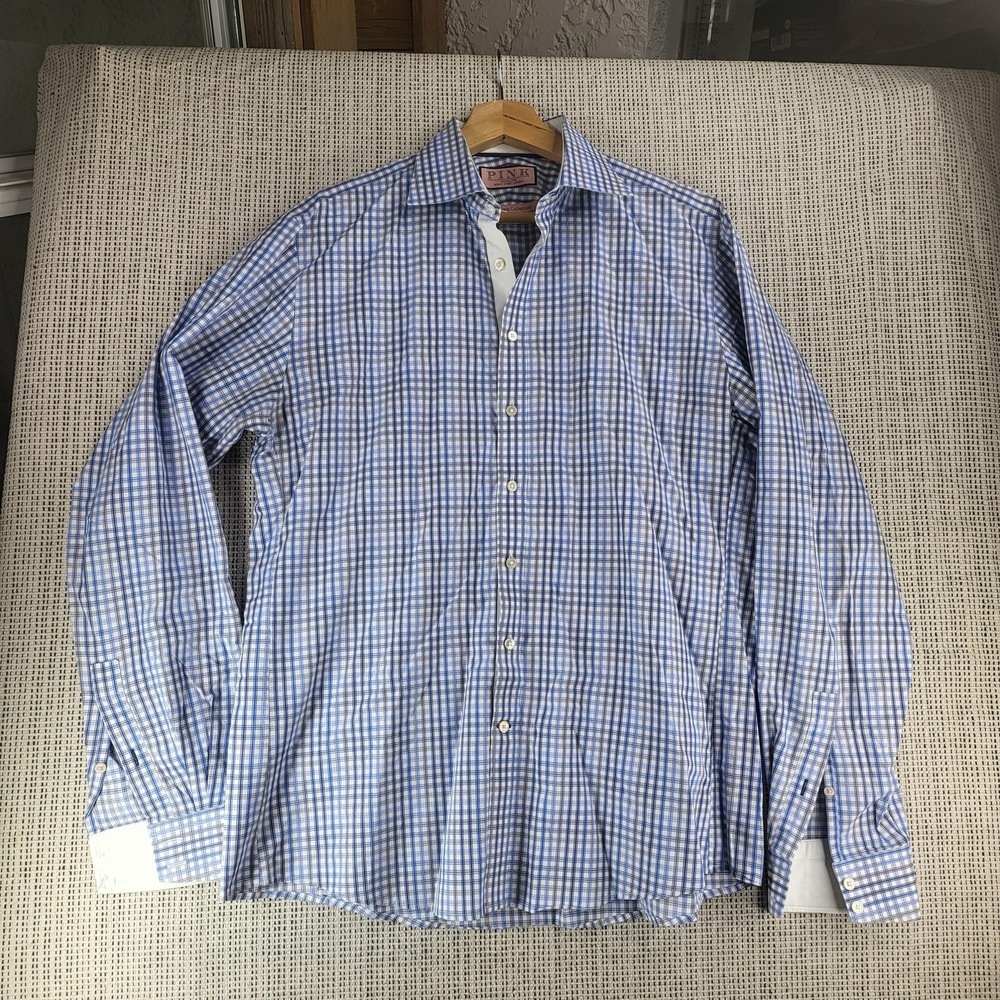 Thomas Pink Shirt Mens 16 Large Blue White‎ Plaid The Twin Collection Dress